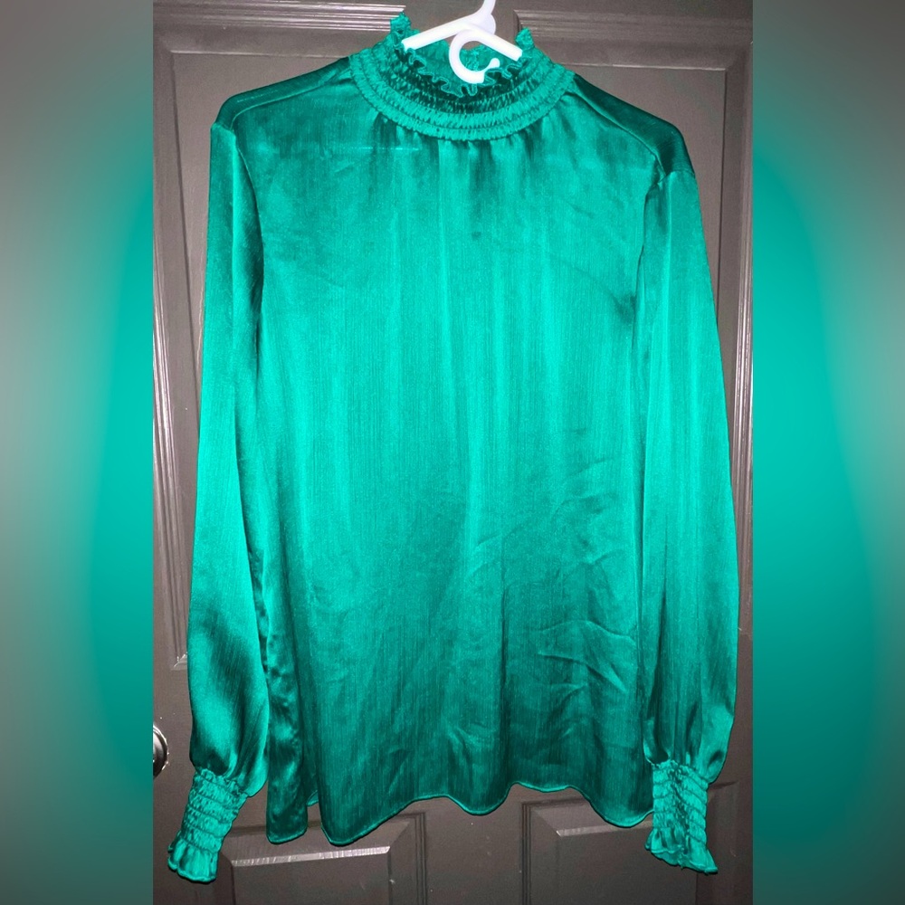 C. EST 1946 Satin Turtleneck Cuffed Balloon-Sleeve Tunic Blouse, Jewel Green, XL